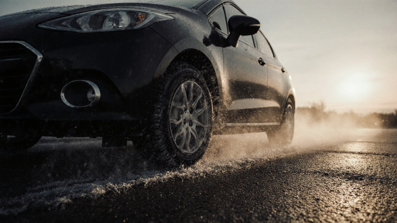 Автомобиль на холодном асфальте в сумерках, водитель проверяет скольжение шины.