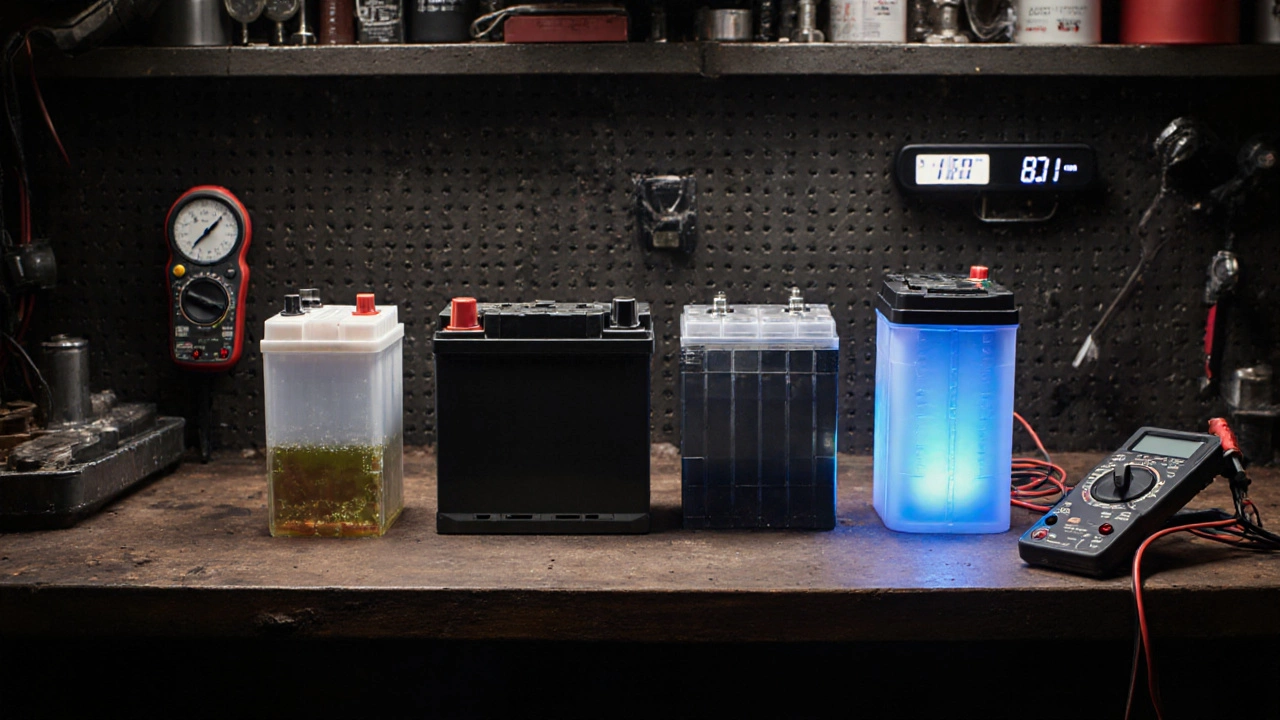 Четыре разных автомобильных аккумулятора (свинцовый, AGM, гелевый, литий‑ионный) на рабочем столе.