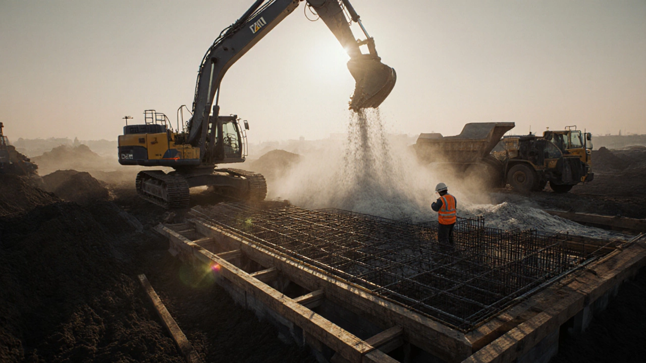 День работ на фундаменте: экскаваторы, арматура, бетонный насос при рассветном свете.