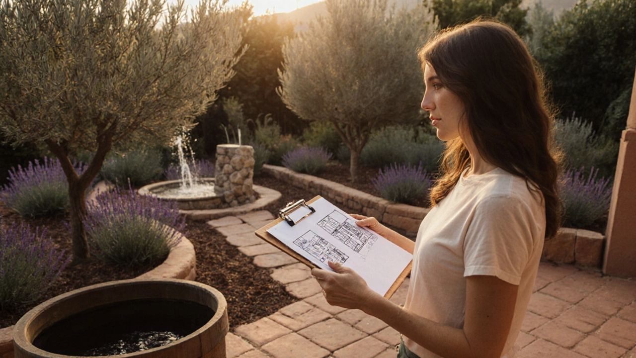 Домашний владелец изучает план, стоя рядом с готовым средиземноморским садом на закате.