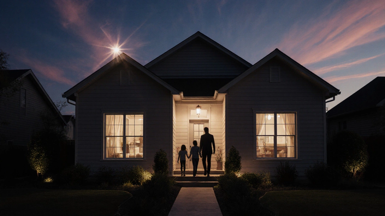 Готовый дом с подсвеченными окнами, семья в дверном проёме, вечернее небо, завершённый проект.