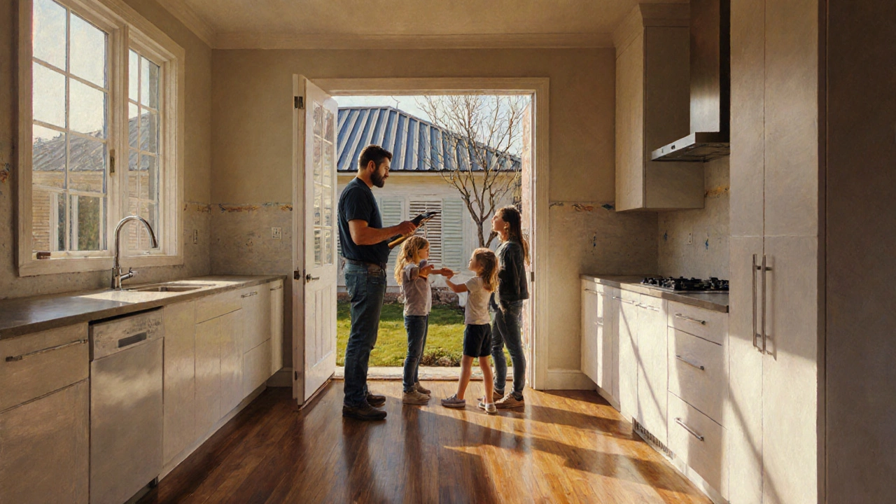 Интерьер готового дома с семьёй и подрядчиком, свет из окон, вид на завершённую крышу.