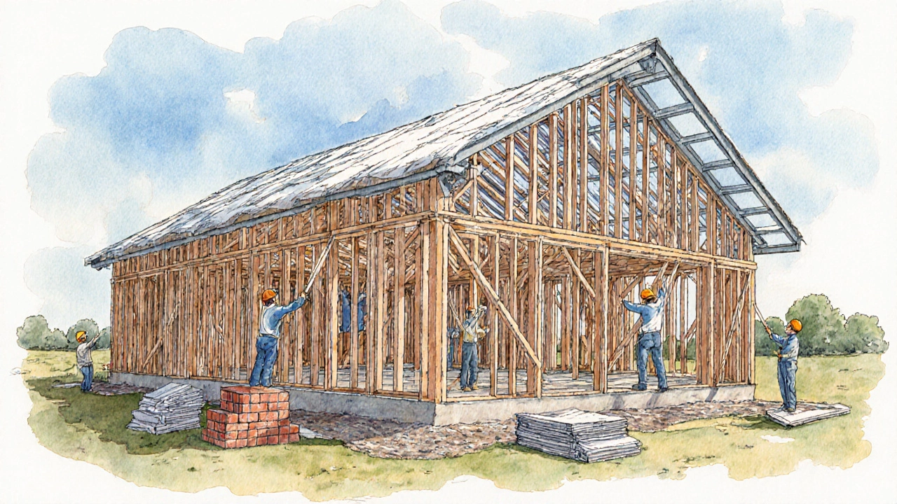 Каркас дома в процессе возведения: стены, крыша, рабочие с инструментами, яркое дневное освещение.