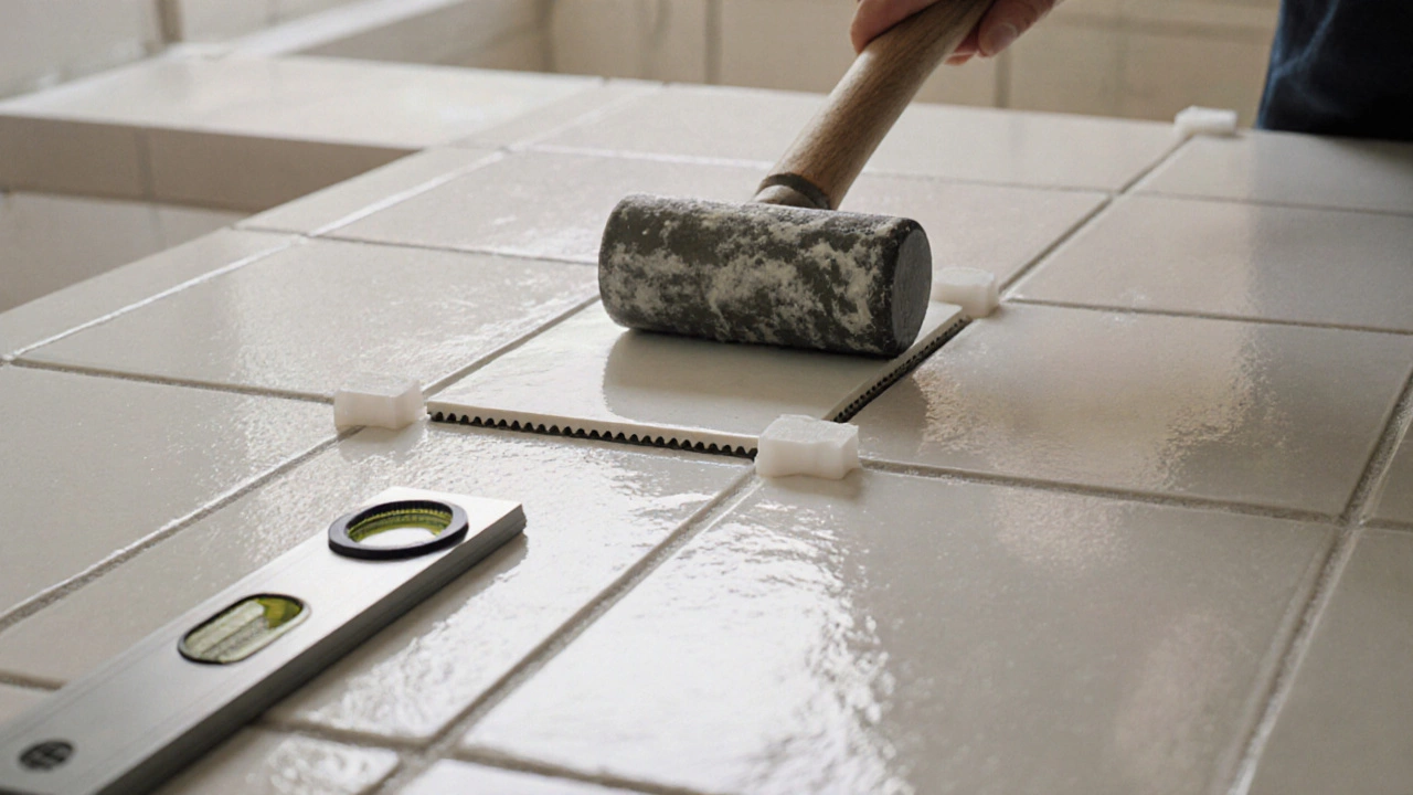 Керамическая плитка укладывается с помощью резинового молотка и крестиков.