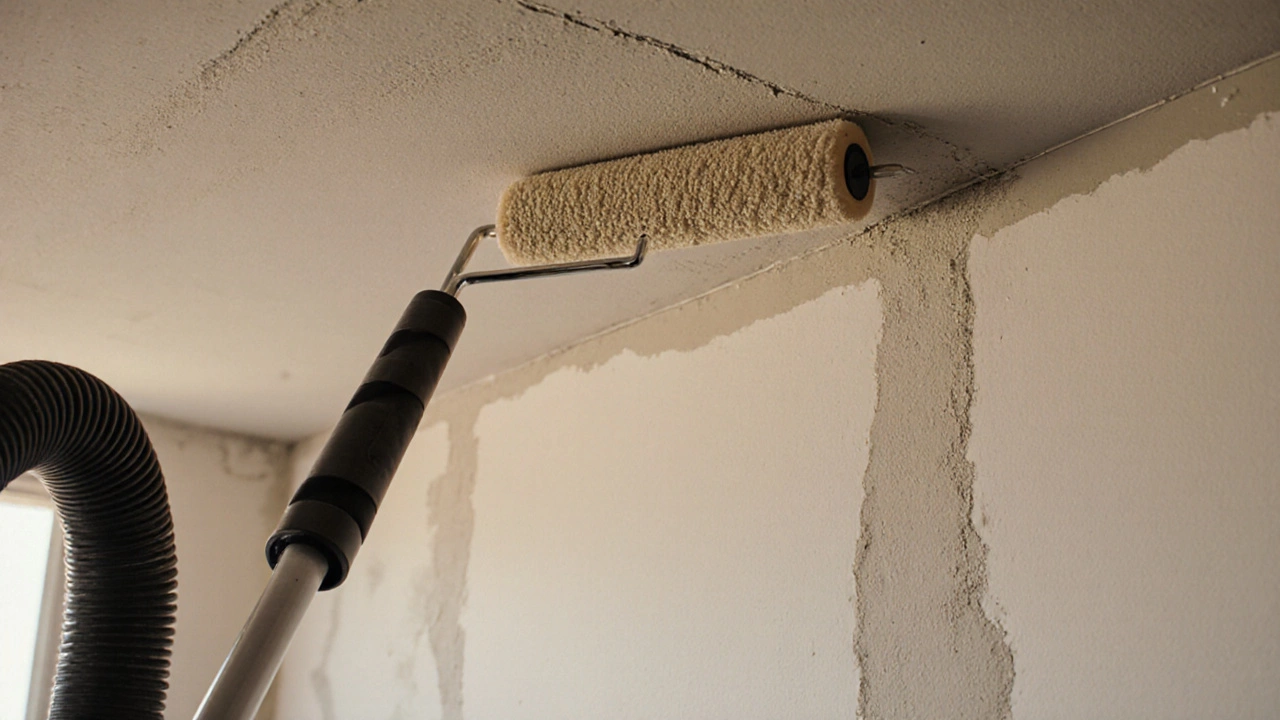 Краска наносится валиком на потолок с удлинителем, рядом — пылесос с HEPA-фильтром и резиновый валик для обоев.