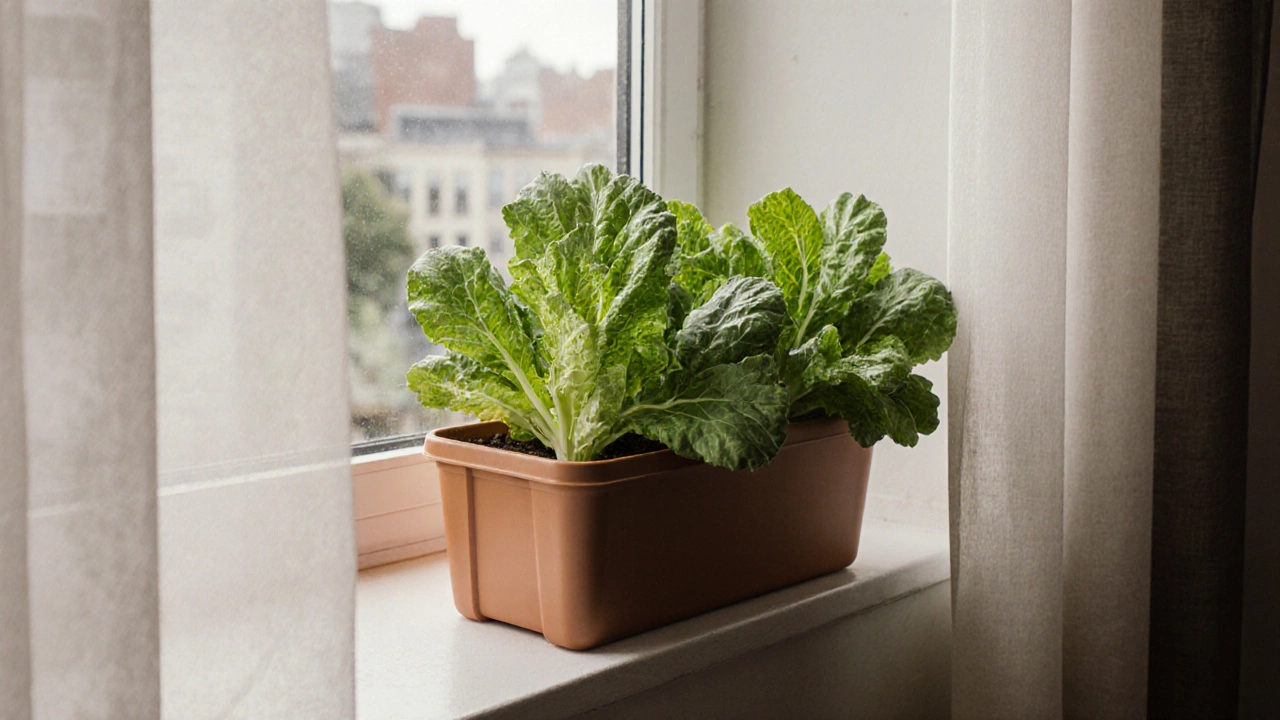 Листовой салат в горшке на подоконнике, листья срезаны и снова растут.