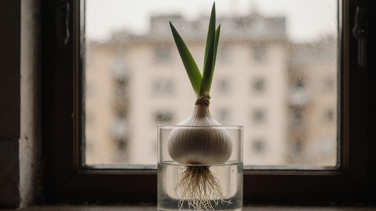 Луковица в стакане с водой, корни и зелень растут вверх.
