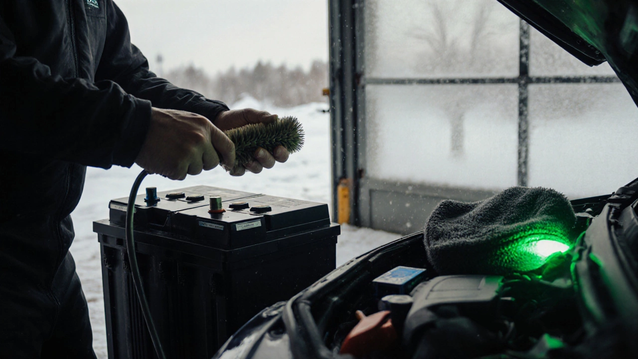 Механик чистит клеммы аккумулятора, подключает умный зарядник, снег за окном.