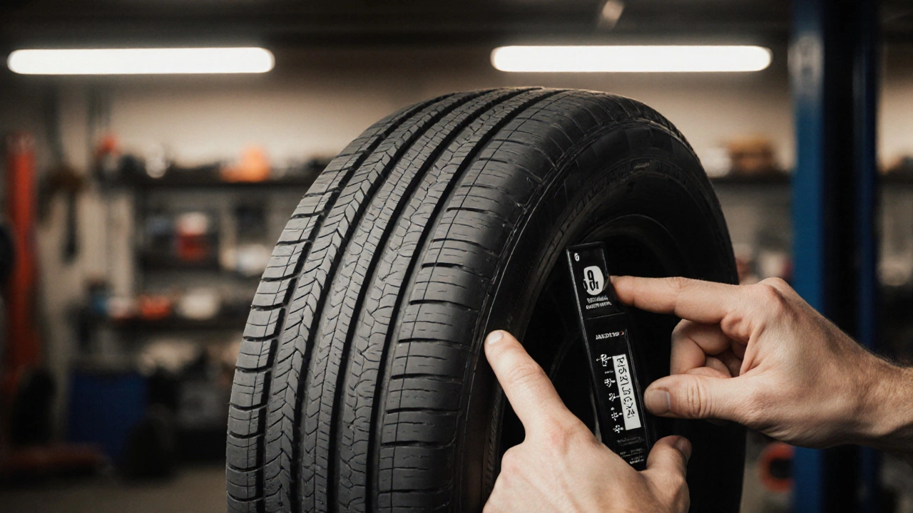 Механик измеряет глубину протектора 6‑7 мм и осматривает рисунок протектора в гараже.