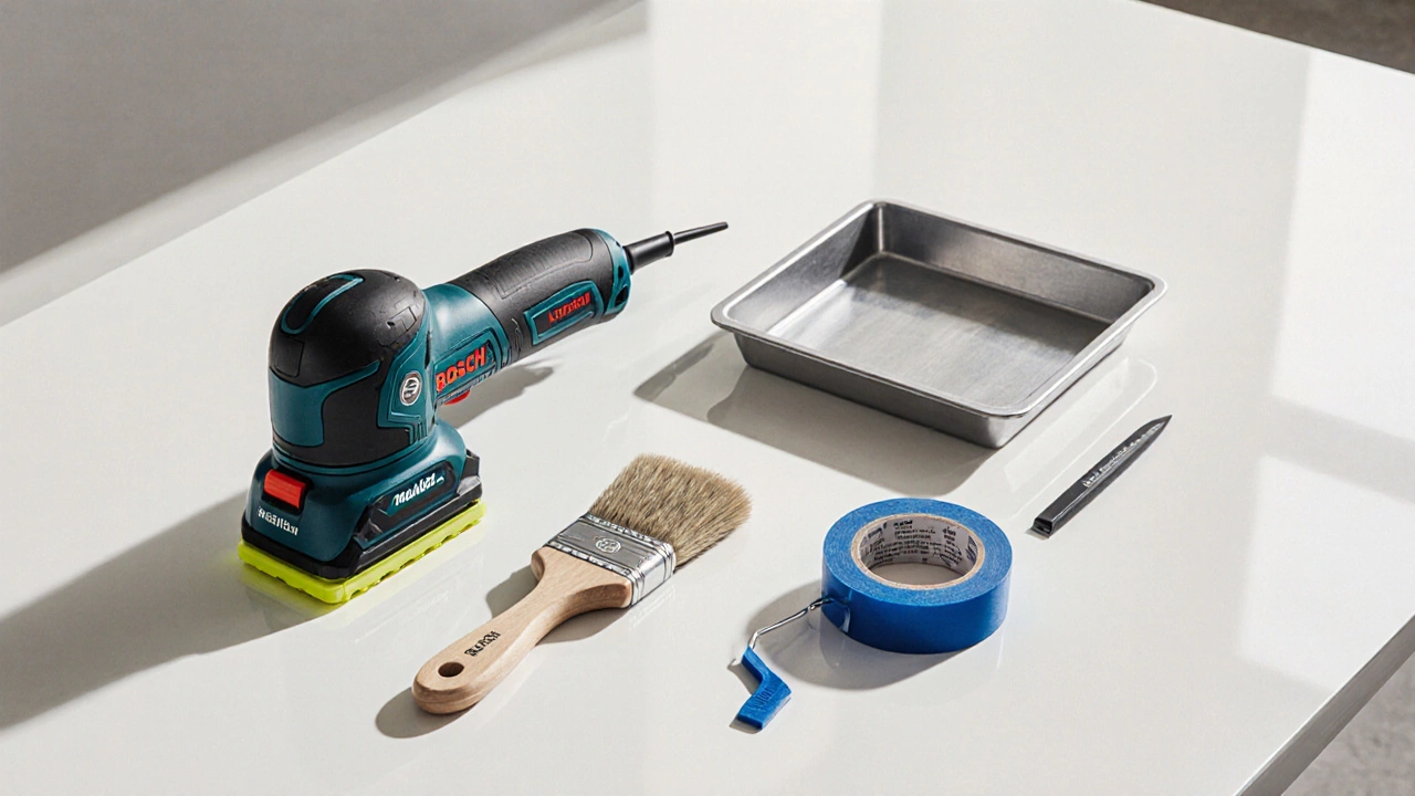 На белой поверхности аккуратно разложены профессиональные инструменты для отделки: уровень, шлифовальная машина, кисти, валик и скотч.