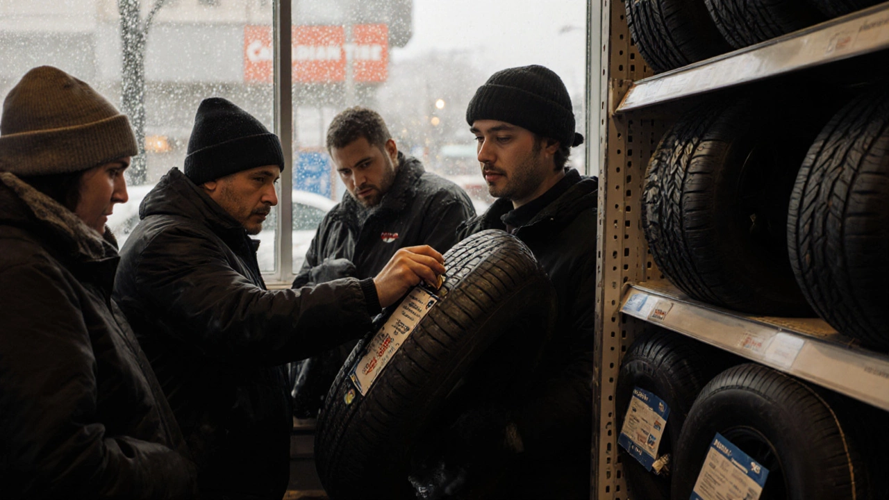 Покупатели проверяют зимние шины с маркировкой 3PMSF в автосалоне в Ванкувере.