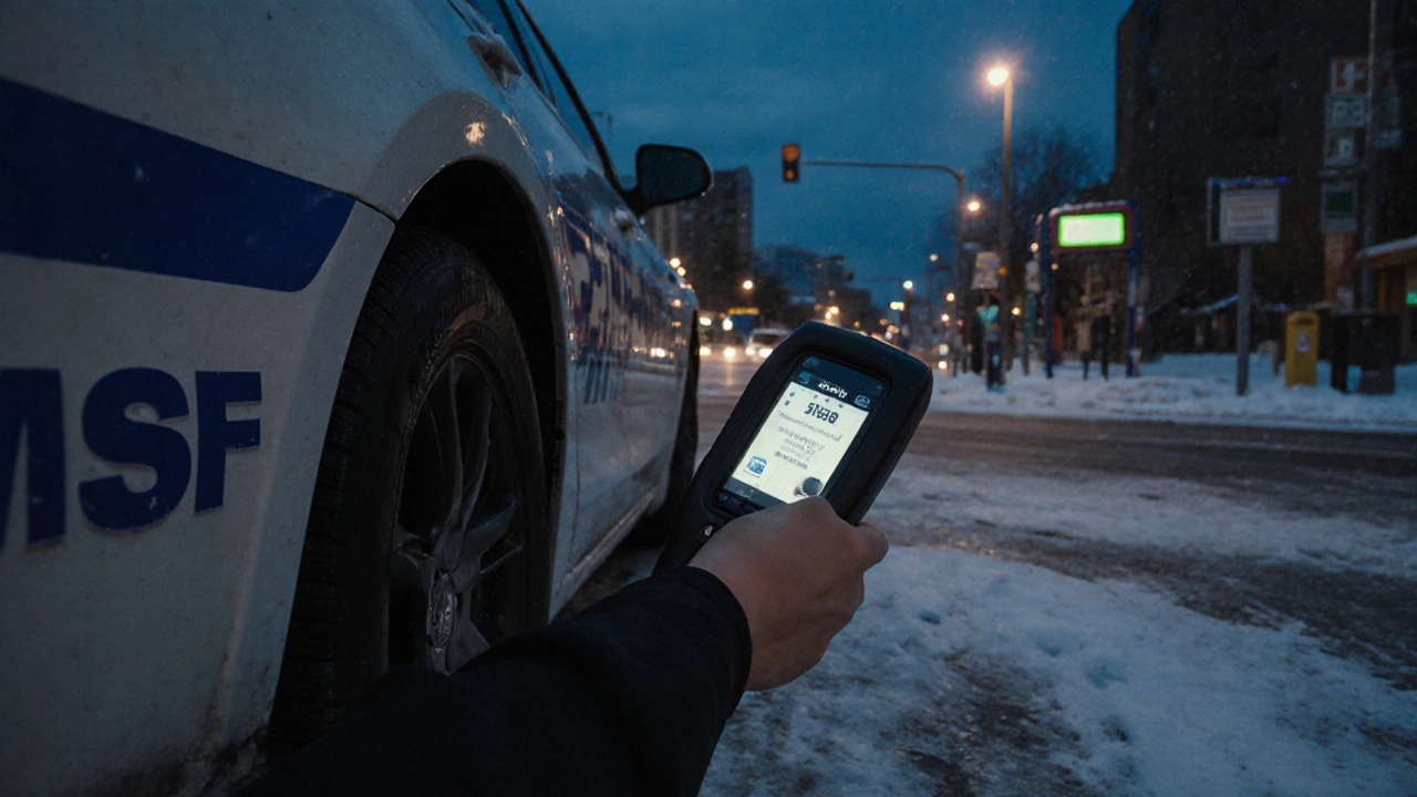 Полицейский проверяет глубину протектора зимних шин на городской улице в Нанаймо.