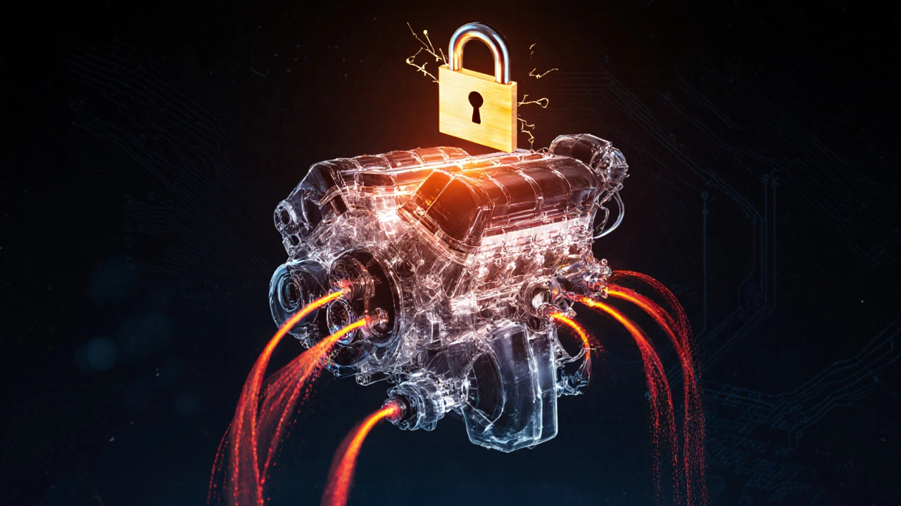 Прозрачный двигатель с цифровыми потоками энергии, символизирующими перепрошивку ЭБУ и увеличенную нагрузку.