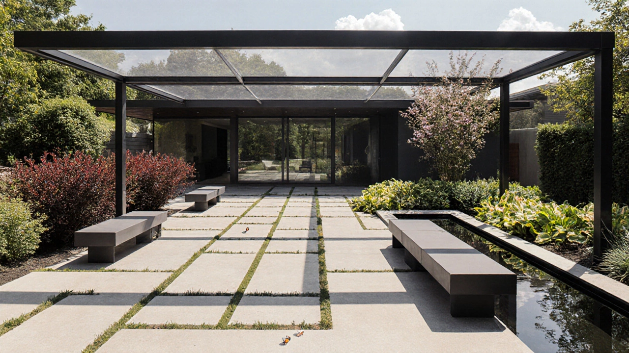 Современный сад с бетонными плитами, стальными элементами и яркими кустарниками под ярким светом.