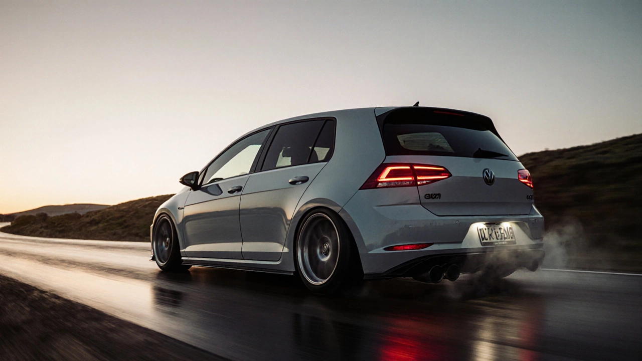 Спортивный автомобиль на извилистой дороге в сумерках, демонстрирующий улучшенную динамику после тюнинга.