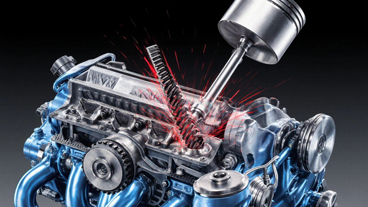 Срез двигателя с разорванным ремнём ГРМ, клапан ударяется о поршень.