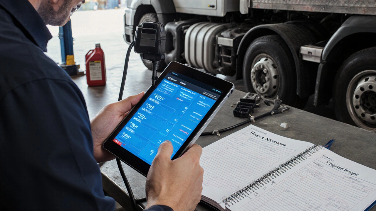 Техник подключает диагностический сканер к грузовику для проверки часов работы двигателя