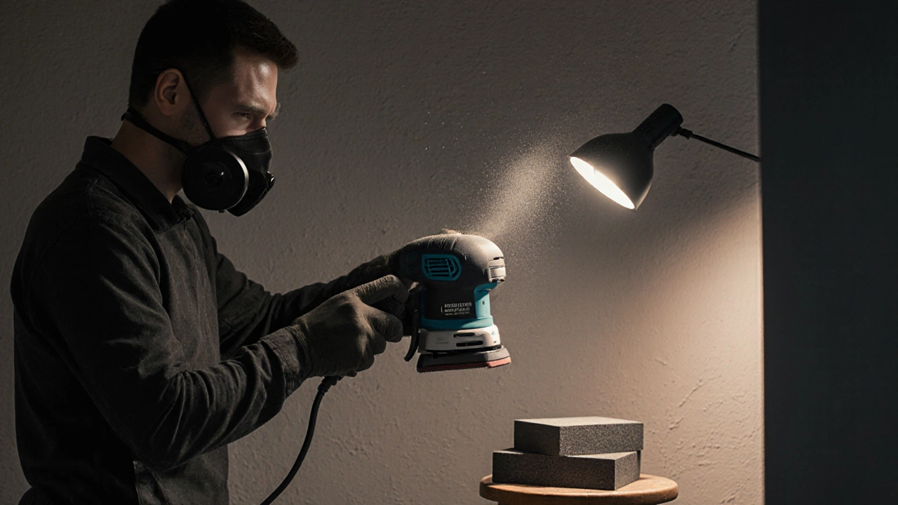 Техник шлифует потолок с пылеулавливателем, в защитной маске.