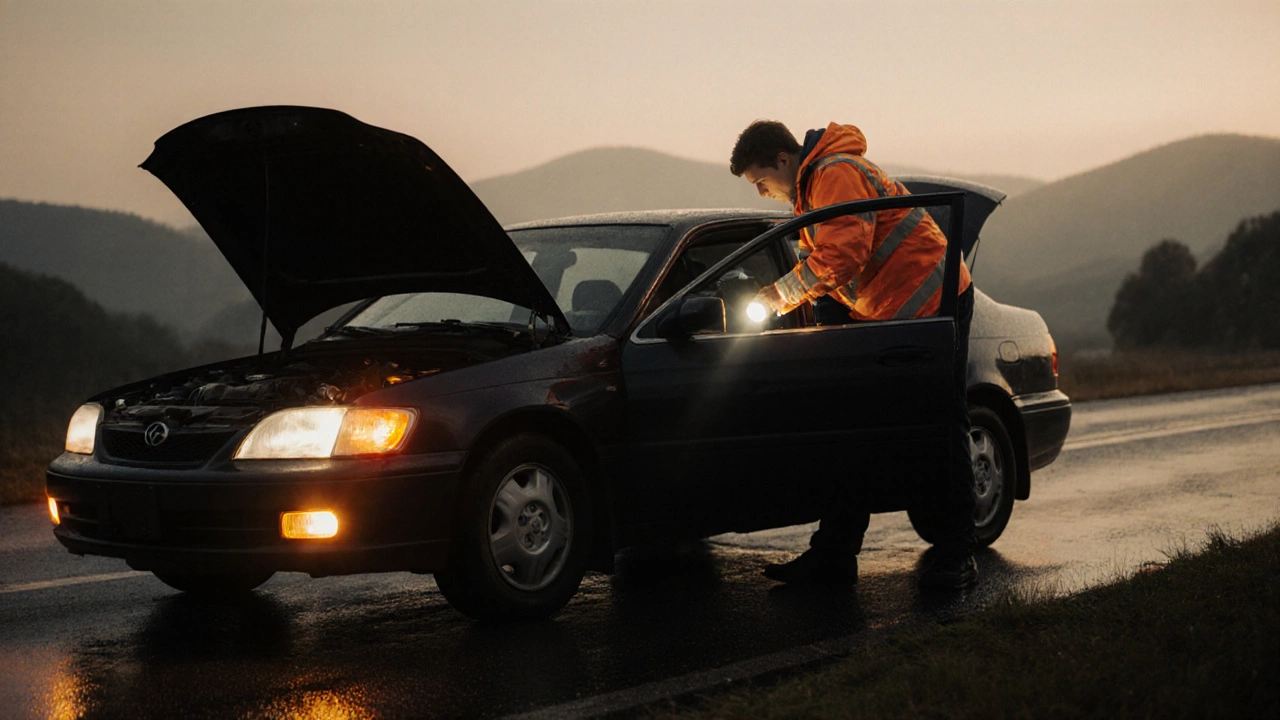Водитель вытаскивает автомобиль на обочину, проверяет ремень фонариком.