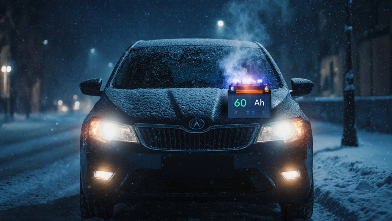 Автомобиль зимой в холодном городе с включёнными фарами, питаемыми от аккумулятора 60 Ач.