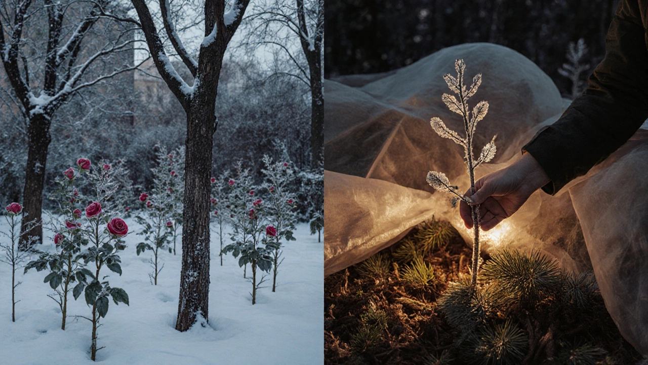 Контраст: повреждённые растения без укрытия и защищённые — под слоями мульчи и лапника.