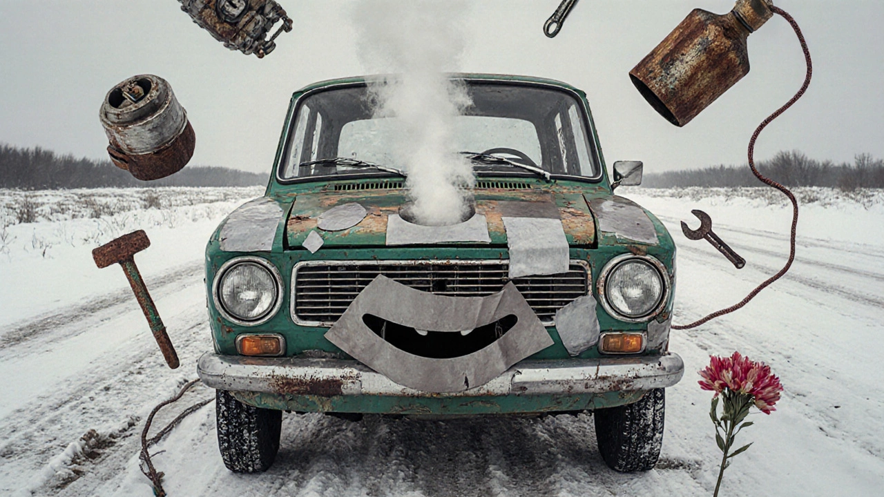 Lada 2105 как живое существо с улыбкой, из выхлопа растут цветы, вокруг — сломанные детали.