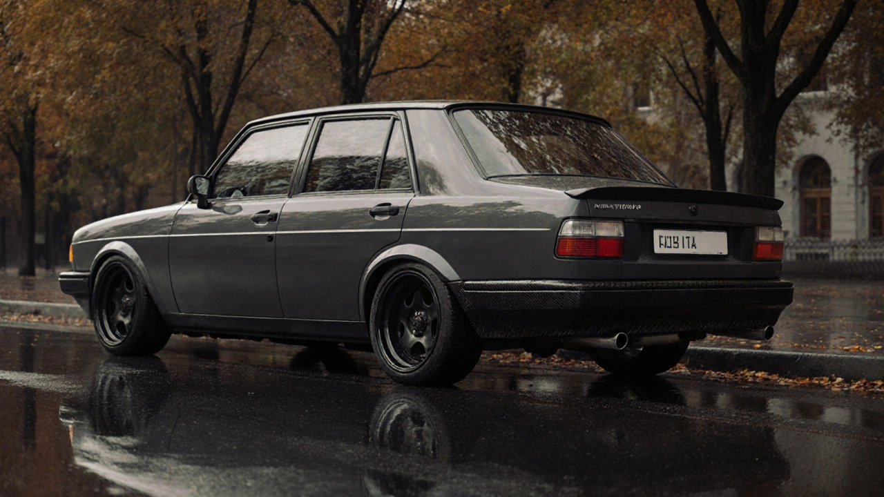 Lada Vesta with carbon fiber bumpers, matte black wheels, and subtle light tinting on rear lights.