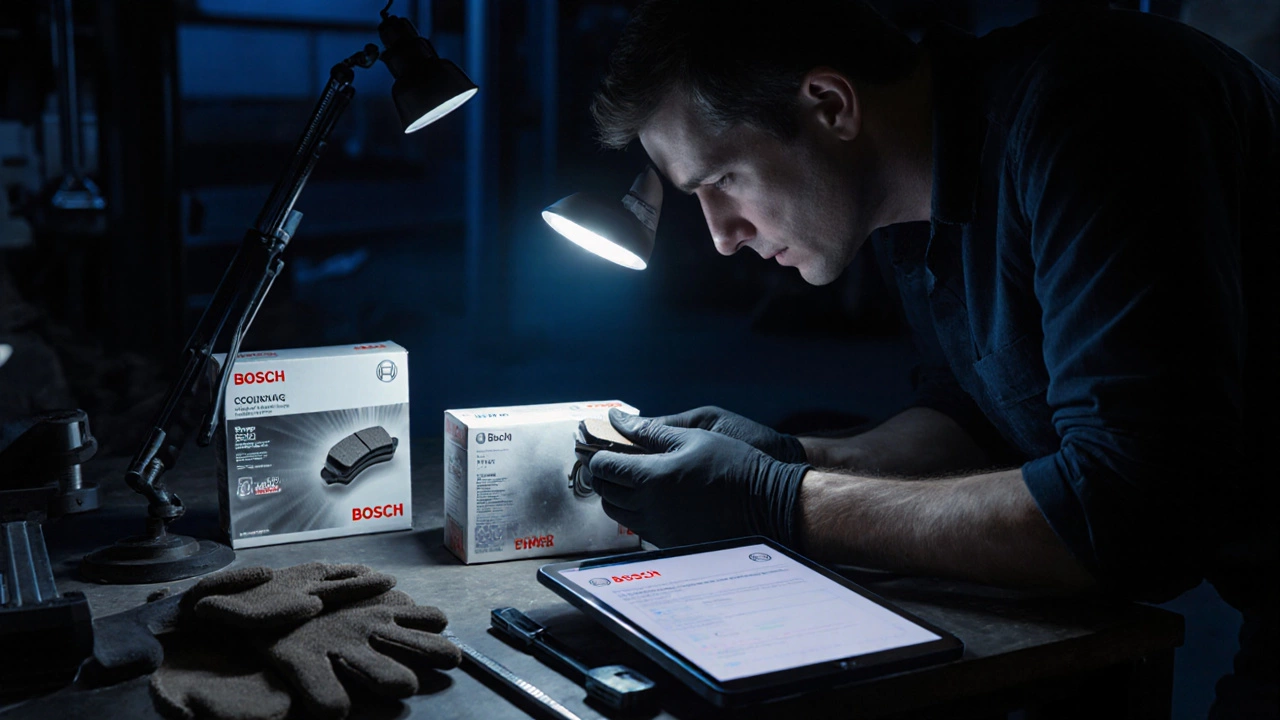 Механик проверяет тормозную колодку под лампой, рядом — оригинальная и поддельная упаковка.