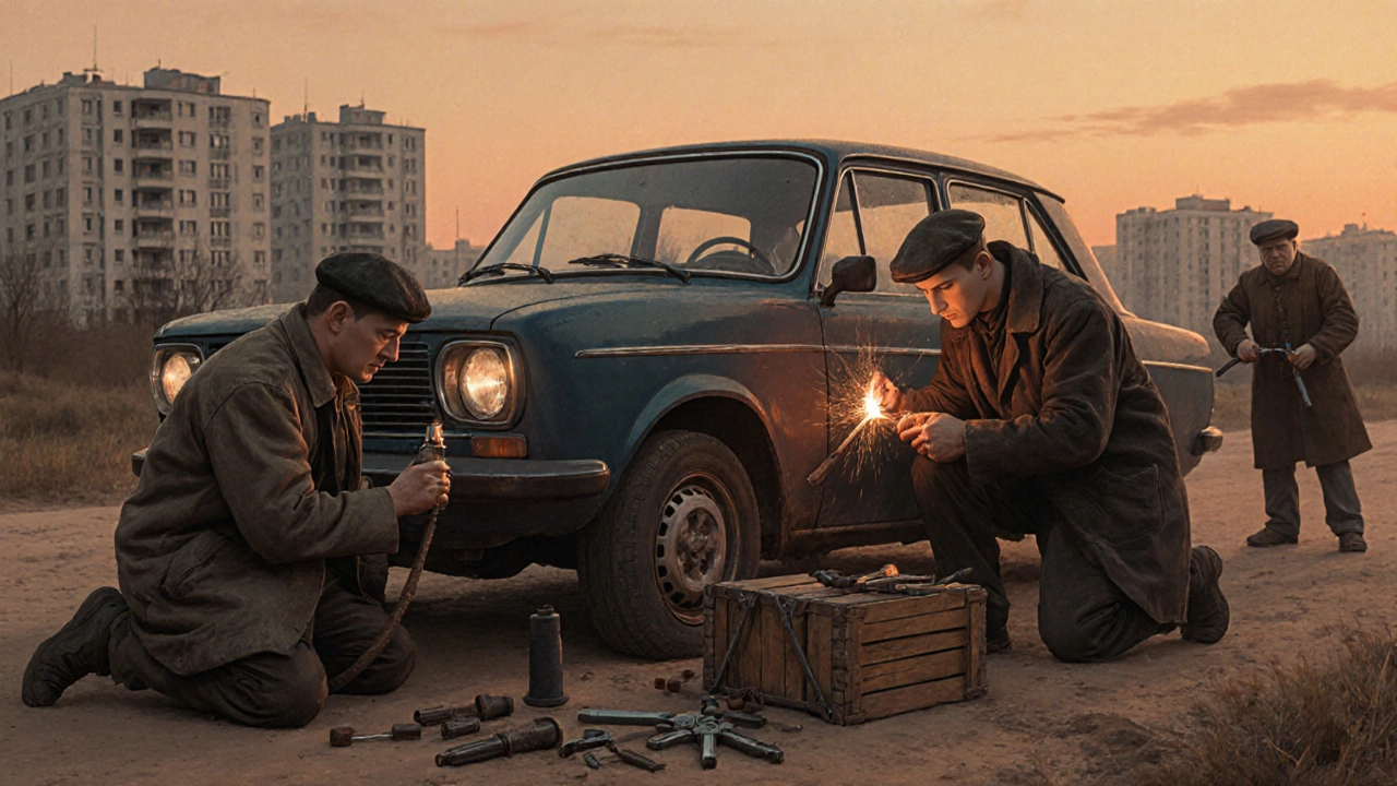 Механики ремонтируют Lada 2105 на обочине, один поджигает свечу зажигания.