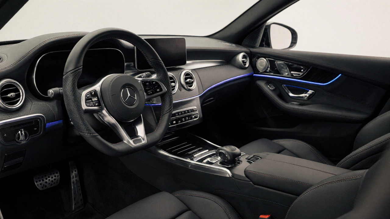 Minimalist car interior with leather steering wheel, aluminum pedals, and single accent stitch.