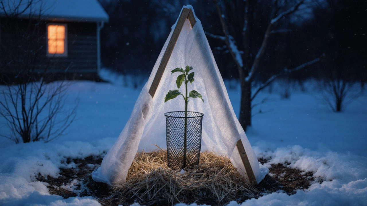 Молодое дерево под укрытием из спанбонда и металлической сетки на зиму.