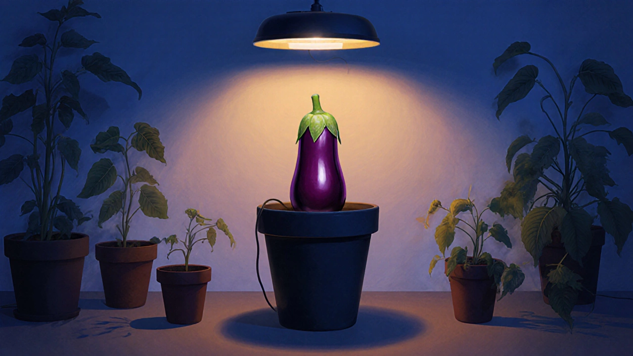 На подоконнике баклажан под лампой растет в темной комнате, остальные горшки пусты.
