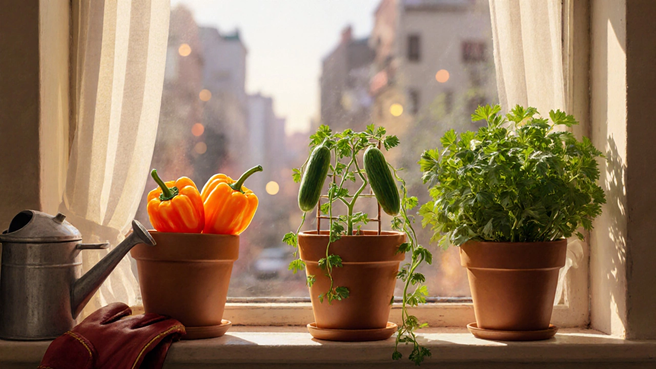 На подоконнике растут перец, огурцы и петрушка в керамических горшках.