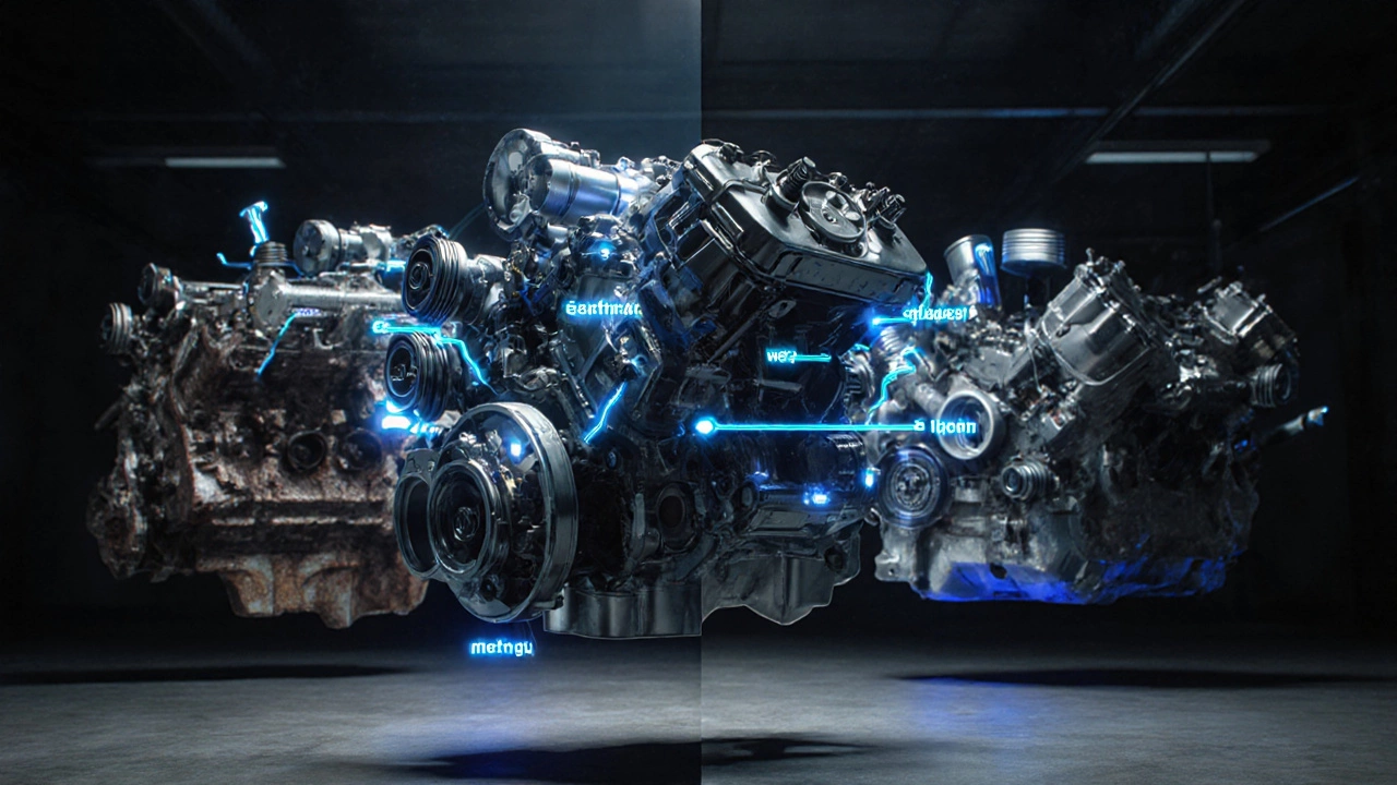 Разобранный двигатель с выделенными изношенными и заменёнными деталями, символизирующий капитальный ремонт.