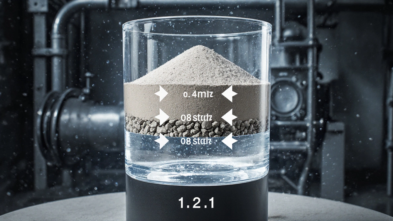 Разрез бетономешалки с указанием пропорций песка и щебня.