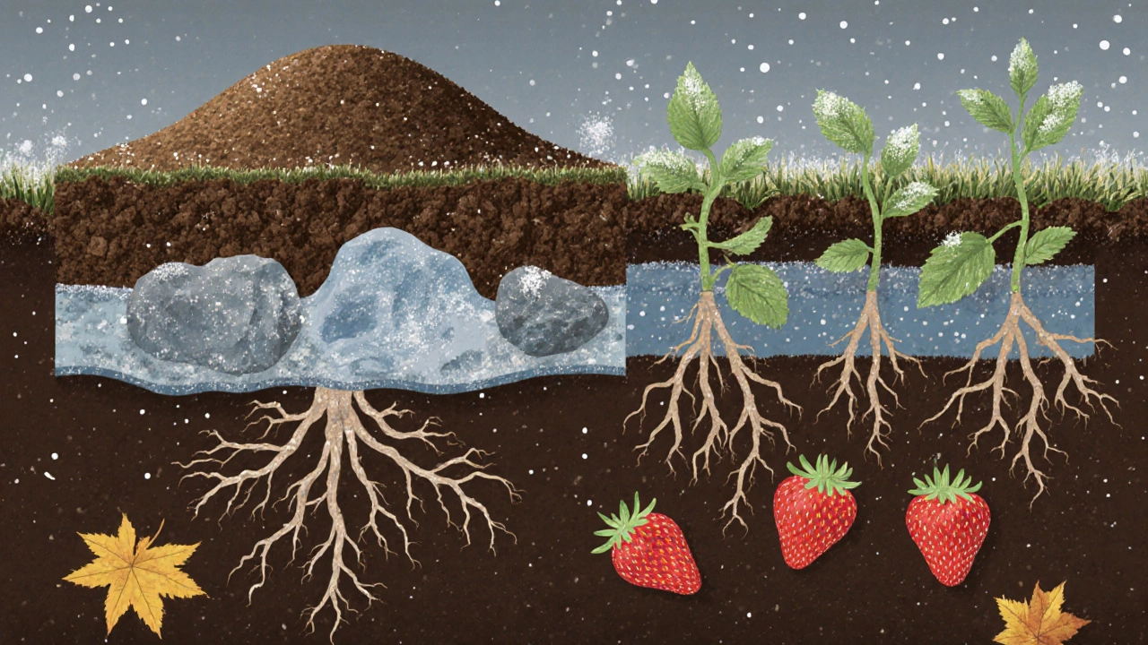 Разрез почвы с послойным внесением фосфорных удобрений и корнями клубники