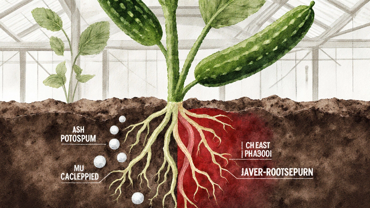 Разрез почвы в теплице: зола равномерно распределена у корней огурцов, но с зоной ожога у стебля.
