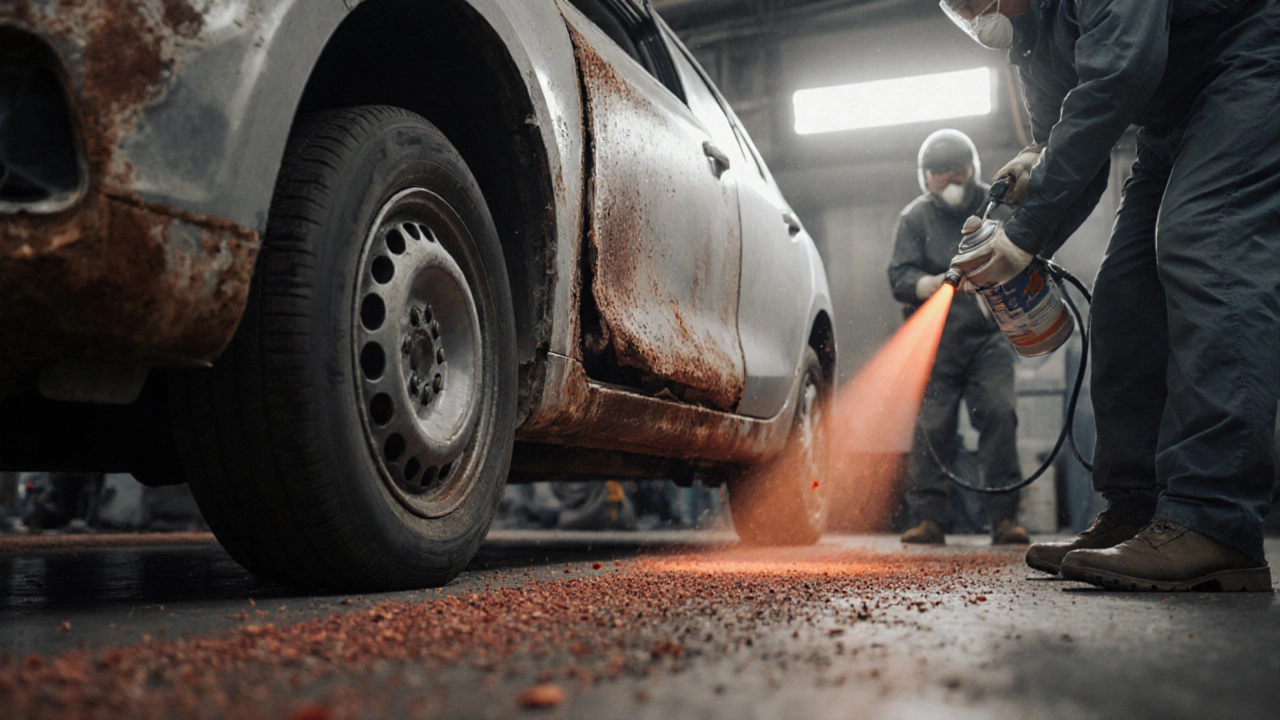 Ремонт кузова: устранение ржавчины и нанесение антикоррозийного покрытия на днище автомобиля.