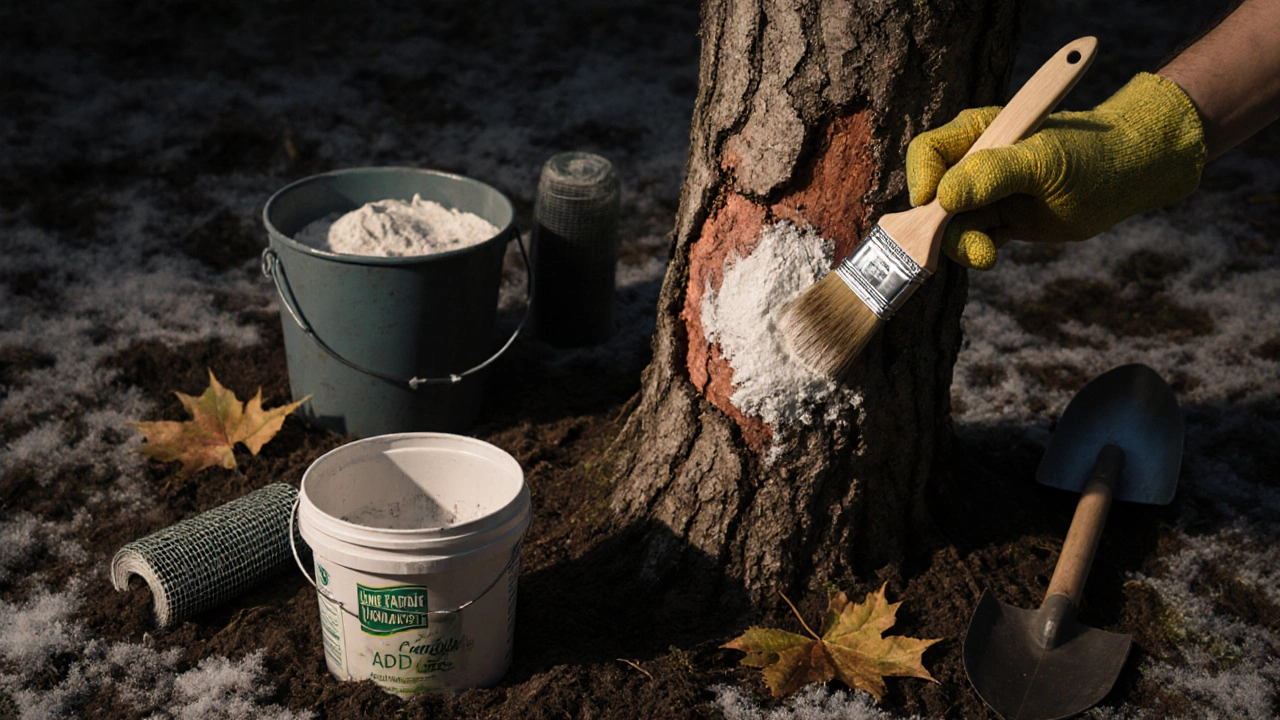 Рука садовника обрабатывает трещину на стволе дерева садовым варом.