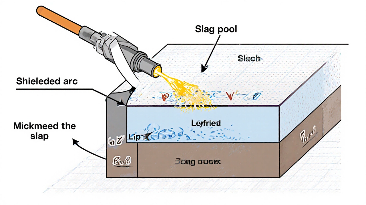 Схема процесса сварки 136: электрод с флюсом, внутренний и внешний газ, расплавленный металл и шлак.