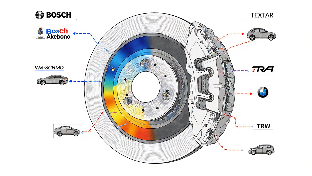 Схема внутреннего устройства тормозных колодок четырёх брендов с цветовым кодированием материалов.
