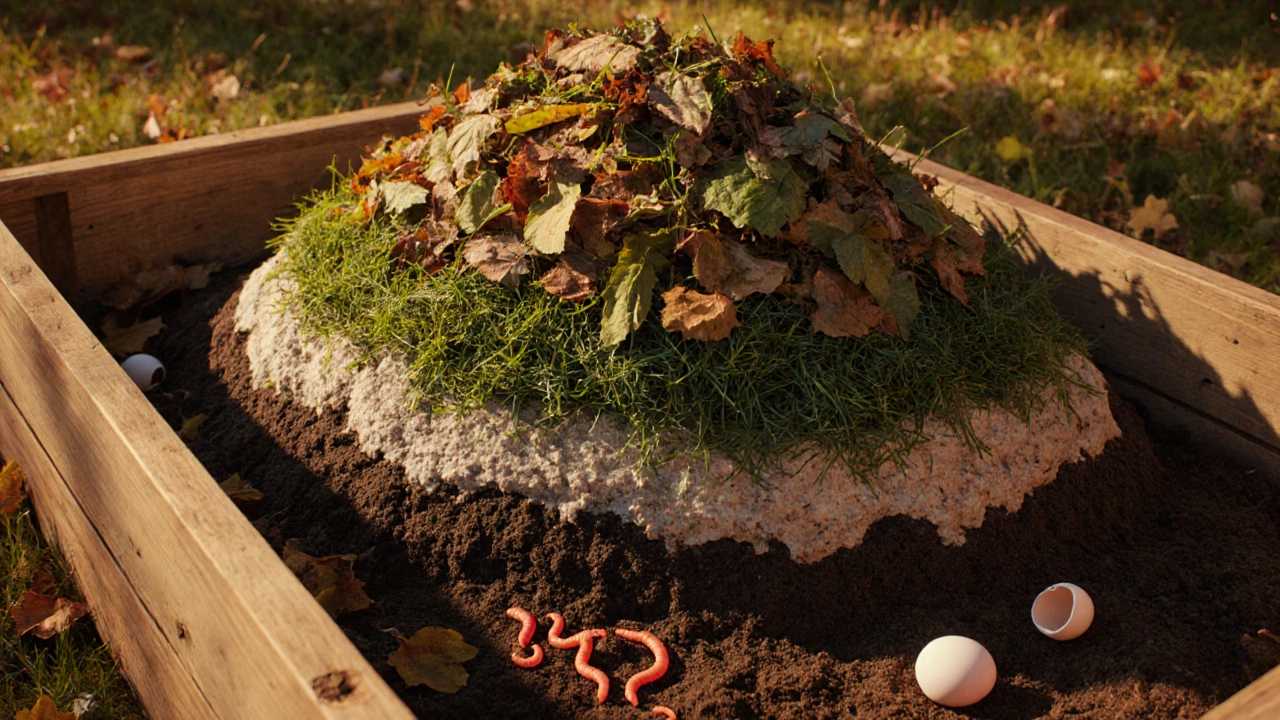 Слойчатая куча компоста из листьев, травы и овощных отходов с червями внутри.
