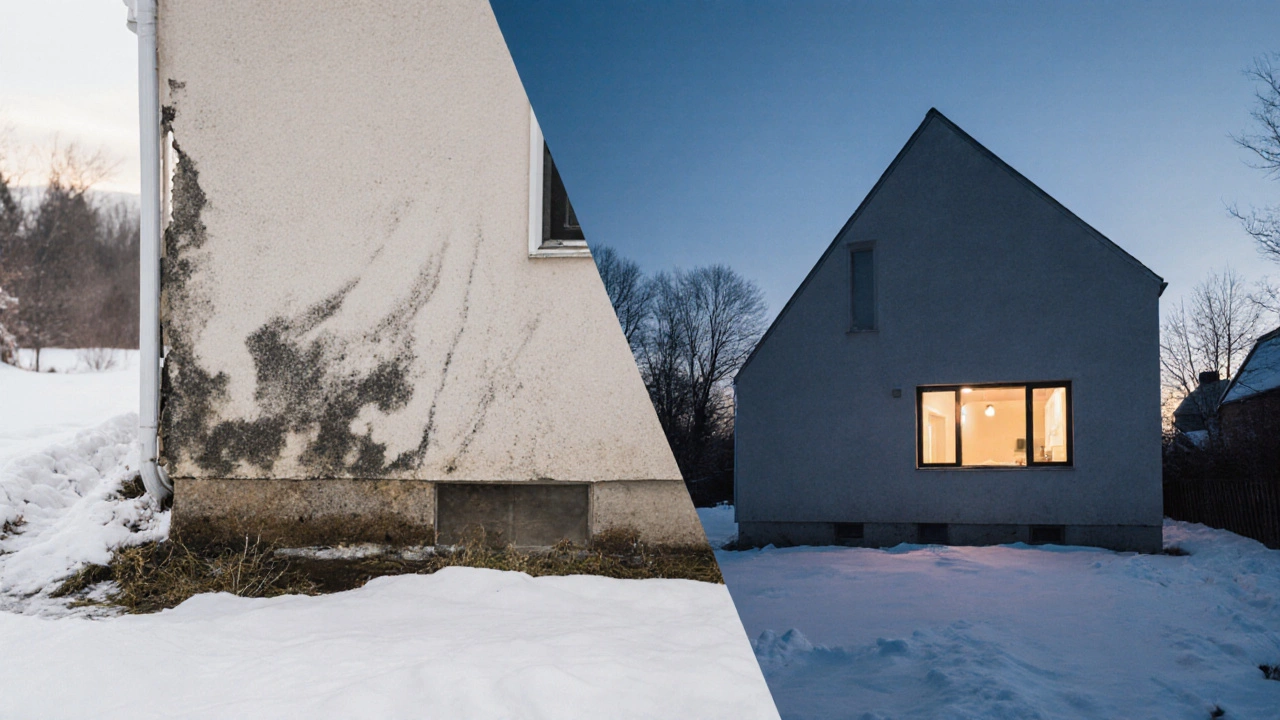 Сравнение: дом с низким цоколем под влагой и дом с высоким цоколем — сухой и целый.