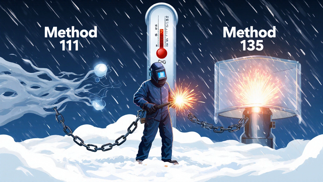 Сравнение сварки 111 и 136: ветер разносит шлак против устойчивого шва с двойной защитой.