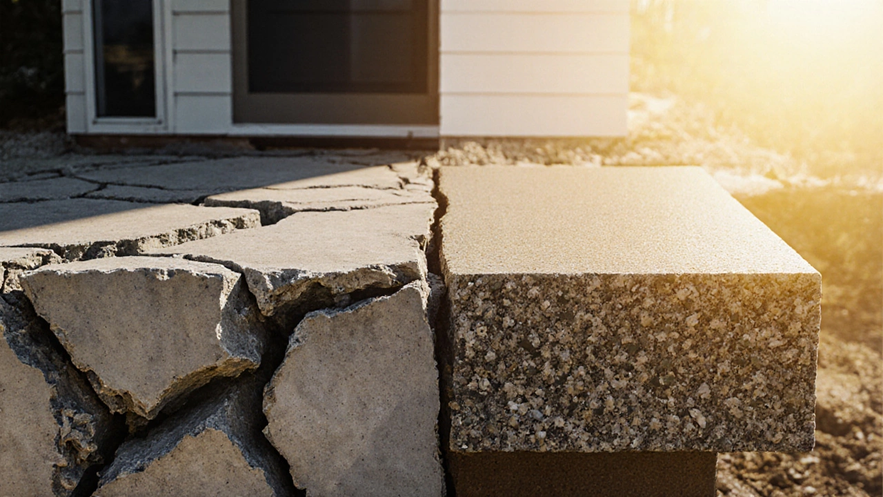 Сравнение треснувшего и прочного бетона с деталями заполнителей.