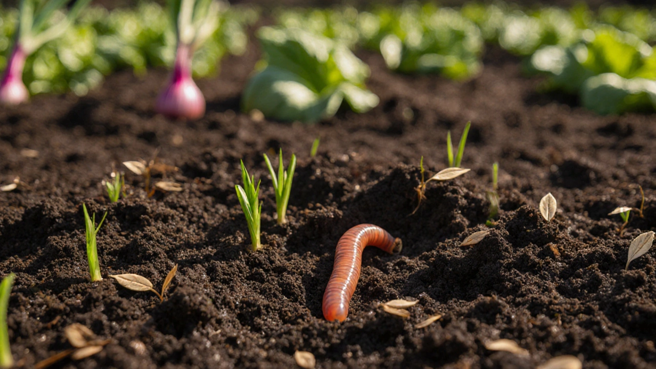 Темная рыхлая земля с мульчей и всходами овса, на фоне зеленых растений и червяка.