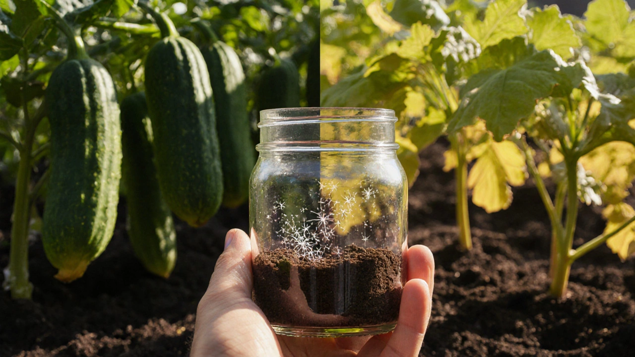 Тест почвы на щелочность: уксус вызывает шипение в стакане, на фоне здоровых и больных огурцов.