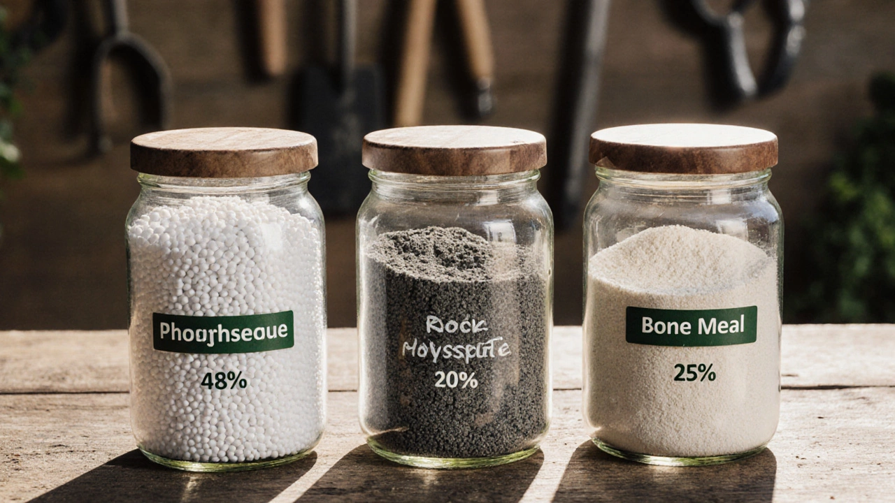 Три банки с различными фосфорными удобрениями: суперфосфат, фосфоритная мука, костная мука