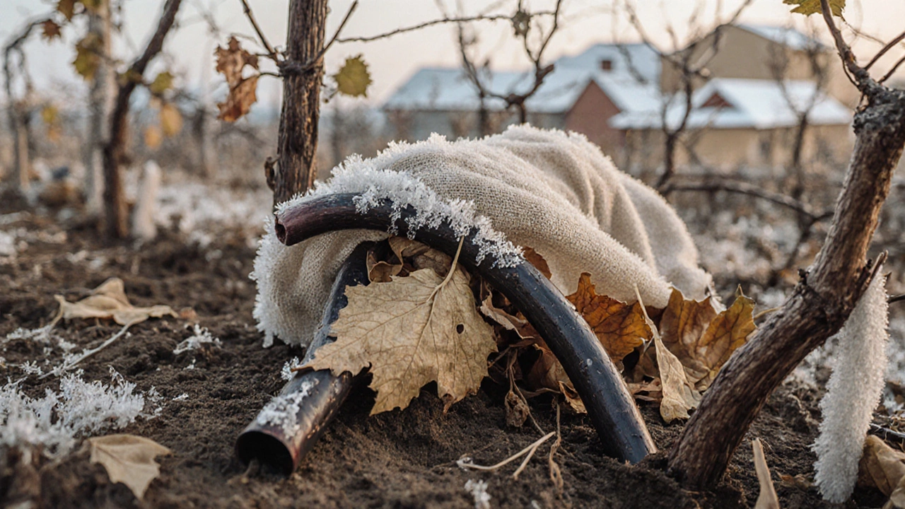 Виноградная лоза уложена на землю и накрыта сухими листьями и спанбондом.
