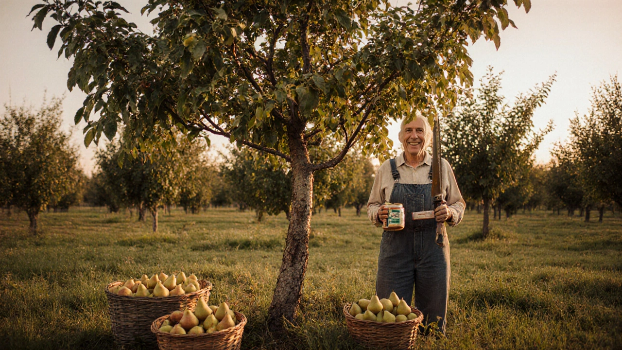 Зрелая груша с обильным урожаем, плоды собраны с земли — результат правильной обрезки.